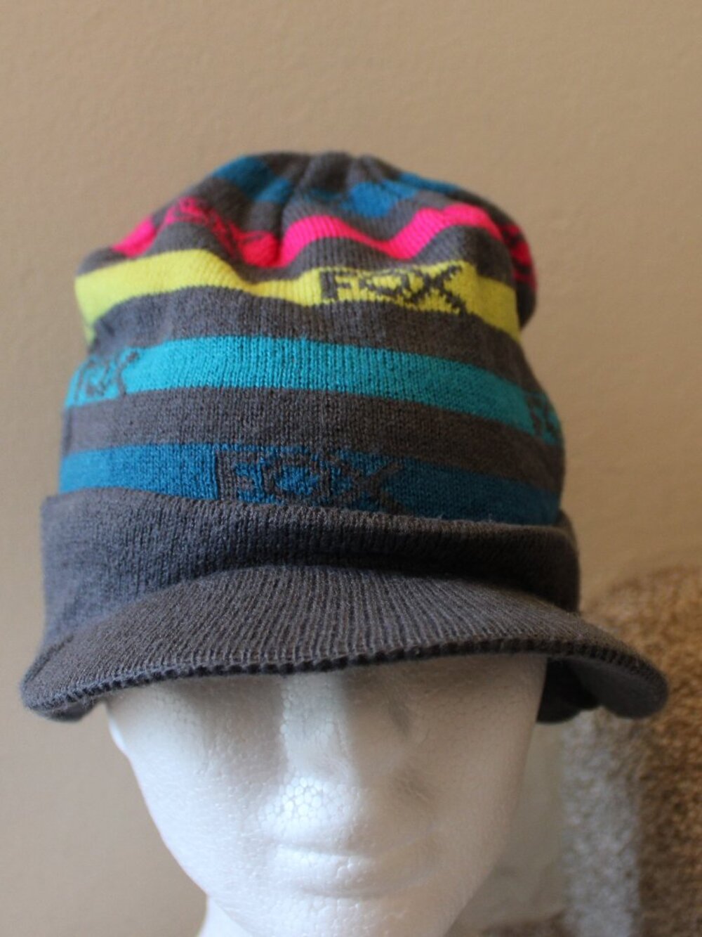 Fox Racing Neon Stripe Visor Beanie Hat Gray Pink Blue Lime Winter Cap One Size